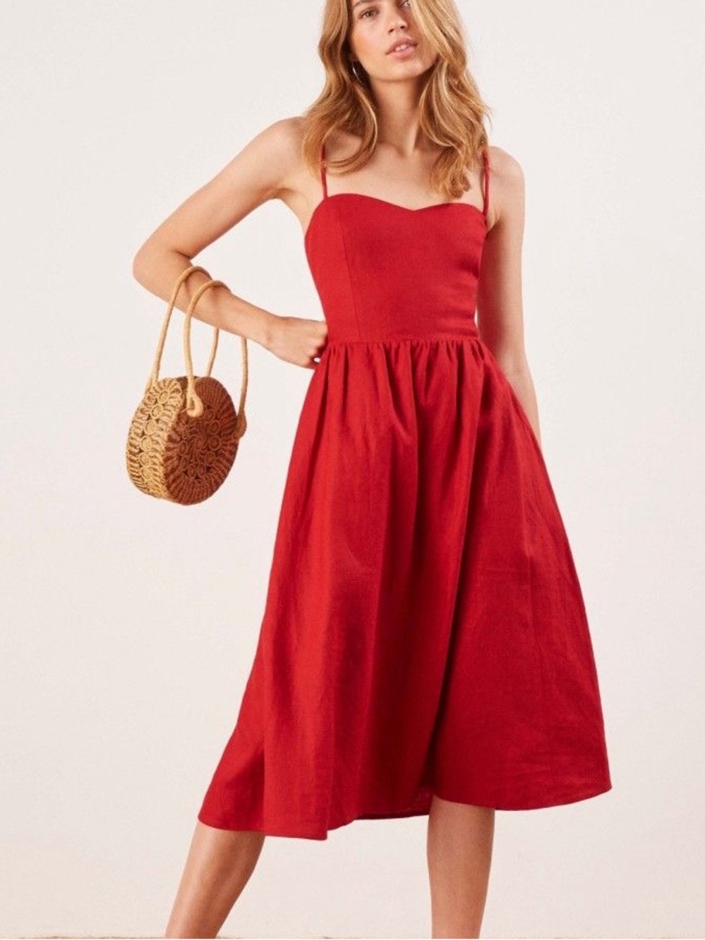 Linen Red Spaghetti-Strap Midi Dress